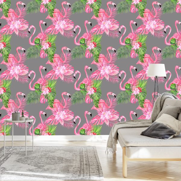 Behang Flamingo's, Vogels, Groene Bladeren - Afbeelding 3