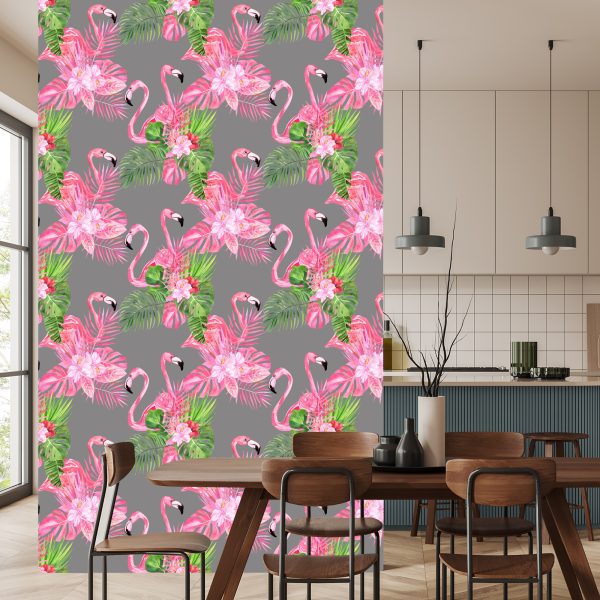 Behang Flamingo's, Vogels, Groene Bladeren - Afbeelding 4