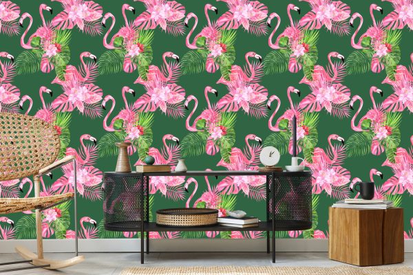 Behang Voor De Woonkamer Flamingo's, Vogels, Bloemen, Groen - Afbeelding 5