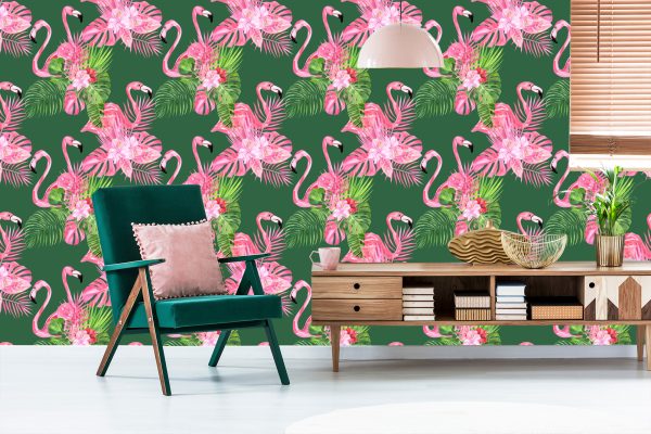 Behang Voor De Woonkamer Flamingo's, Vogels, Bloemen, Groen - Afbeelding 6