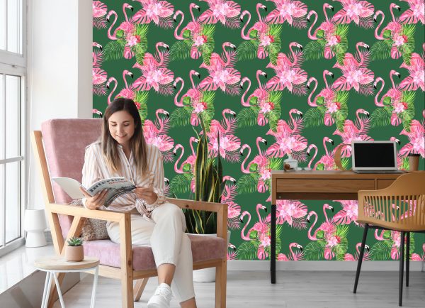 Behang Voor De Woonkamer Flamingo's, Vogels, Bloemen, Groen - Afbeelding 7