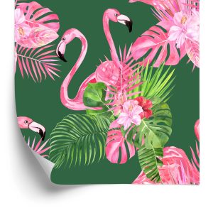 Behang Voor De Woonkamer Flamingo's, Vogels, Bloemen, Groen