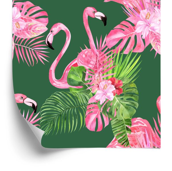 Behang Voor De Woonkamer Flamingo's, Vogels, Bloemen, Groen