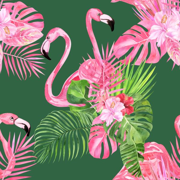 Behang Voor De Woonkamer Flamingo's, Vogels, Bloemen, Groen - Afbeelding 2