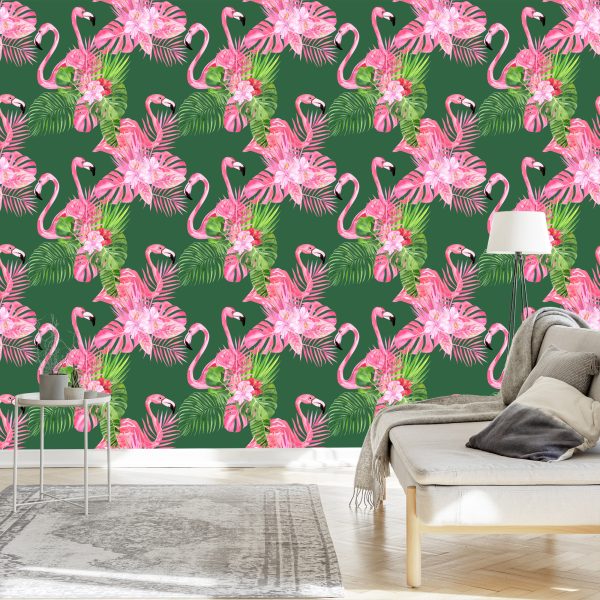 Behang Voor De Woonkamer Flamingo's, Vogels, Bloemen, Groen - Afbeelding 3