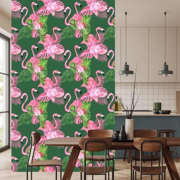 Behang Voor De Woonkamer Flamingo's, Vogels, Bloemen, Groen - Afbeelding 4