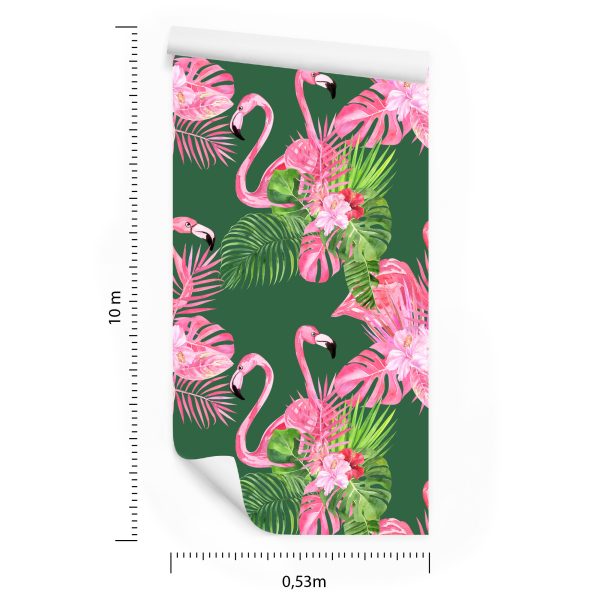 Behang Voor De Woonkamer Flamingo's, Vogels, Bloemen, Groen - Afbeelding 8