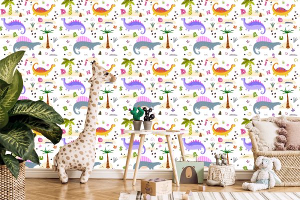 Behang Kleurrijke Palmdinosaurussen Voor Babykamer - Afbeelding 5