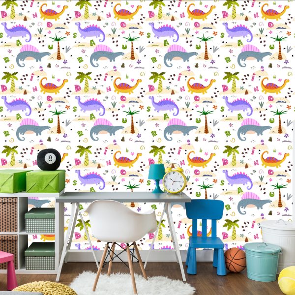Behang Kleurrijke Palmdinosaurussen Voor Babykamer - Afbeelding 4