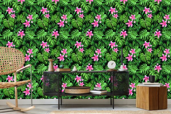 Behang Bladeren Van Tropische Bloemen - Afbeelding 5