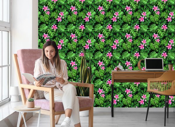 Behang Bladeren Van Tropische Bloemen - Afbeelding 7