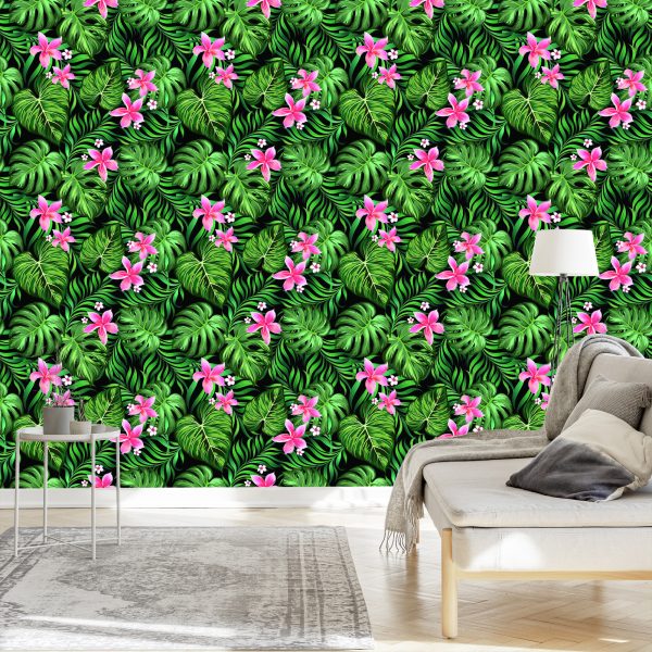 Behang Bladeren Van Tropische Bloemen - Afbeelding 3