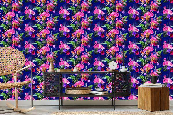 Behang Voor Woonkamervogels, Flamingo's, Bloemen, Planten - Afbeelding 5