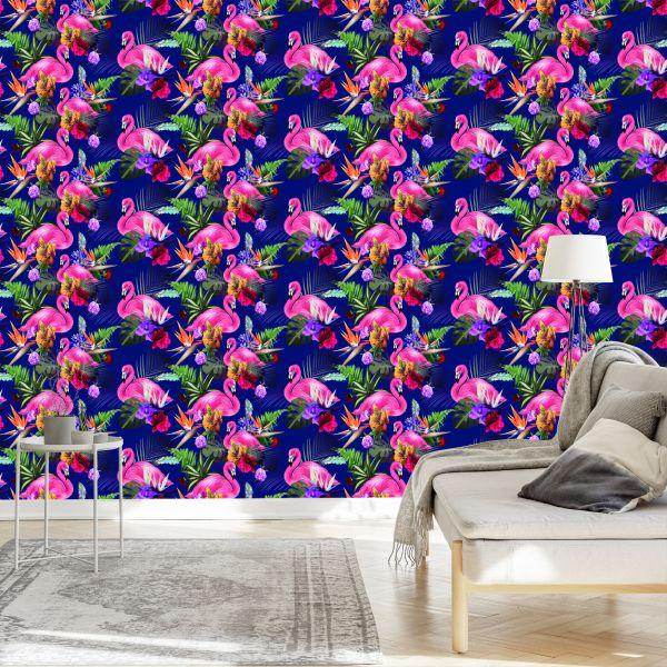 Behang Voor Woonkamervogels, Flamingo's, Bloemen, Planten - Afbeelding 3