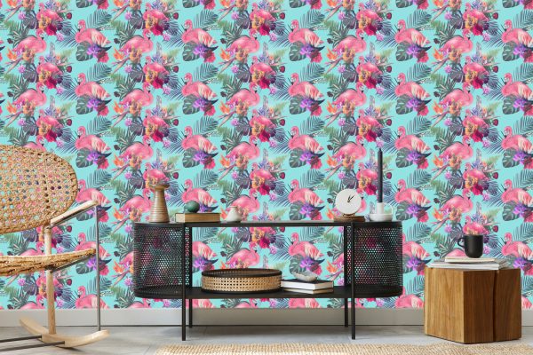 Behang Flamingo's, Bloemen, Bladeren, Natuur, Slaapkamer - Afbeelding 5