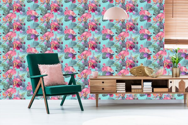 Behang Flamingo's, Bloemen, Bladeren, Natuur, Slaapkamer - Afbeelding 6