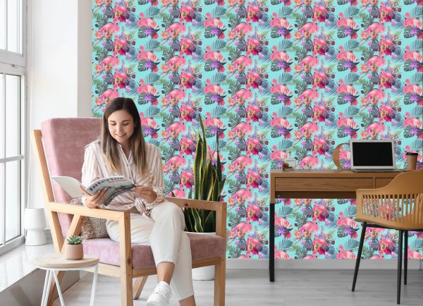 Behang Flamingo's, Bloemen, Bladeren, Natuur, Slaapkamer - Afbeelding 7