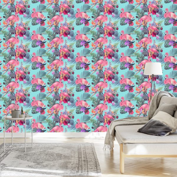 Behang Flamingo's, Bloemen, Bladeren, Natuur, Slaapkamer - Afbeelding 3