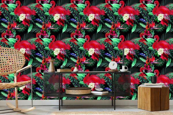 Behang Flamingo's Bloemen Bladeren Slaapkamer - Afbeelding 5