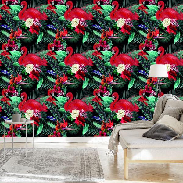 Behang Flamingo's Bloemen Bladeren Slaapkamer - Afbeelding 3