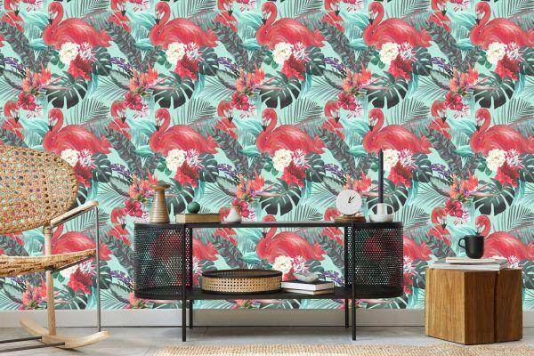 Behang Flamingo's Natuur Bloemen Voor Woonkamer - Afbeelding 5