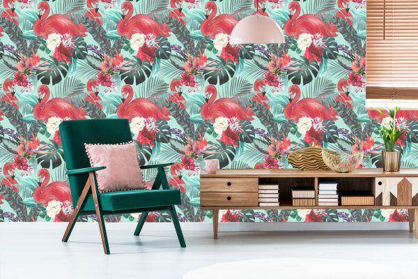 Behang Flamingo's Natuur Bloemen Voor Woonkamer - Afbeelding 6