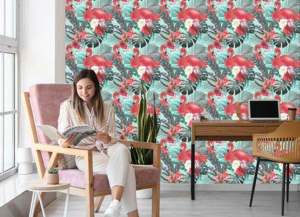 Behang Flamingo's Natuur Bloemen Voor Woonkamer - Afbeelding 7