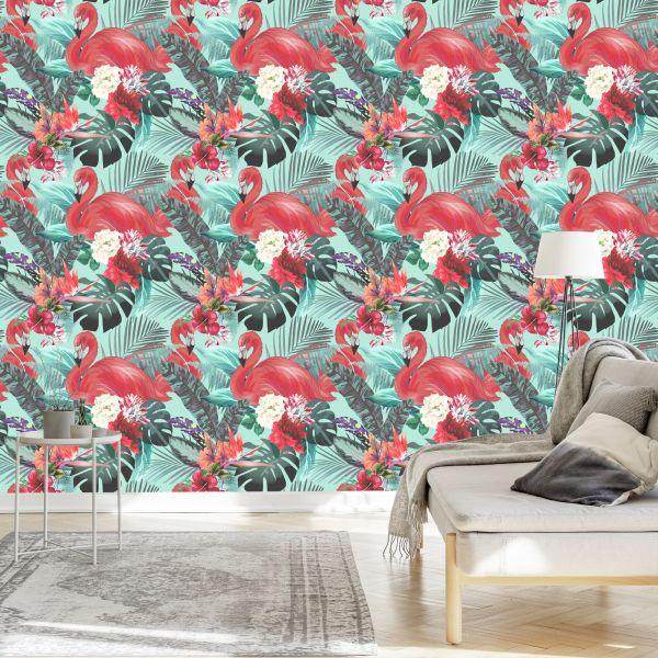 Behang Flamingo's Natuur Bloemen Voor Woonkamer - Afbeelding 3