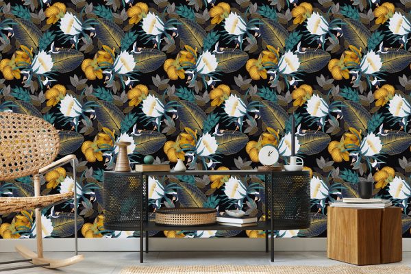 Behang Exotische Bladeren En Bloemen - Afbeelding 5