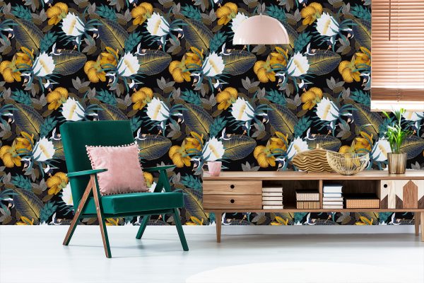 Behang Exotische Bladeren En Bloemen - Afbeelding 6