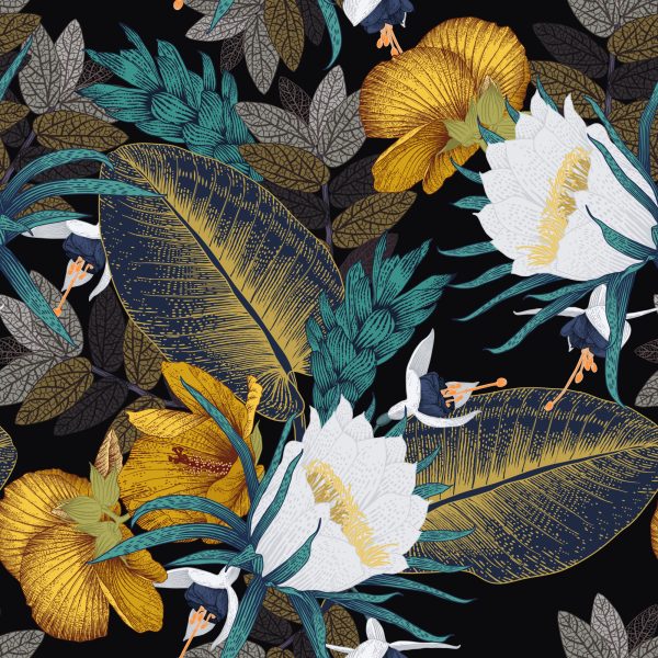 Behang Exotische Bladeren En Bloemen - Afbeelding 2