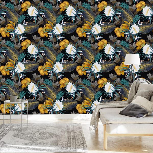 Behang Exotische Bladeren En Bloemen - Afbeelding 3