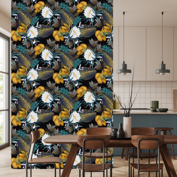 Behang Exotische Bladeren En Bloemen - Afbeelding 4