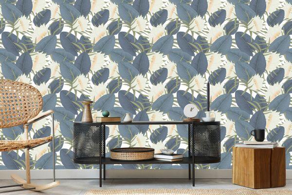 Behang Tropische Bladeren Met Bloemen - Afbeelding 5