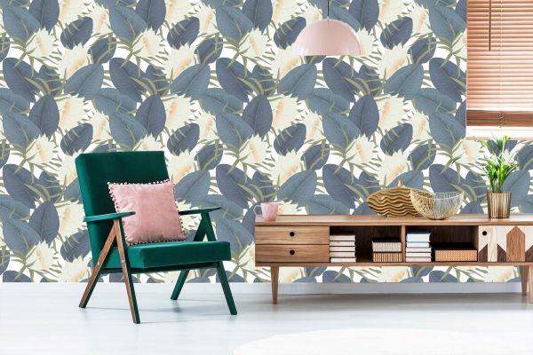 Behang Tropische Bladeren Met Bloemen - Afbeelding 6