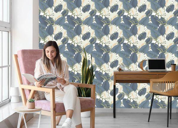 Behang Tropische Bladeren Met Bloemen - Afbeelding 7