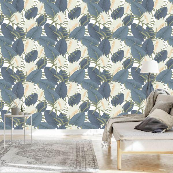 Behang Tropische Bladeren Met Bloemen - Afbeelding 3