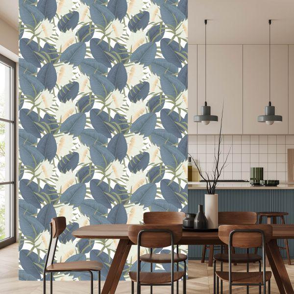 Behang Tropische Bladeren Met Bloemen - Afbeelding 4
