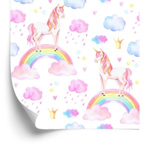 Behang Voor Meisjes Pastel Regenboog Eenhoorns