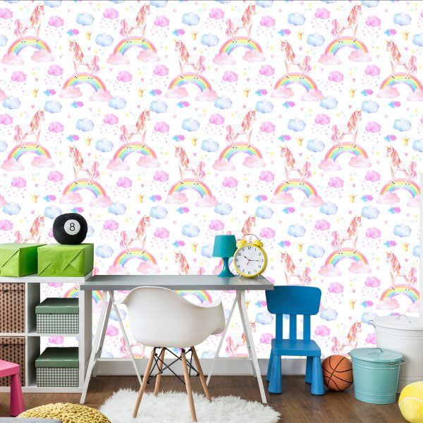 Behang Voor Meisjes Pastel Regenboog Eenhoorns - Afbeelding 4