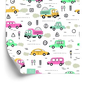 Behang Voor Kinderen - Kleurrijke Auto's In Scandinavische Stijl