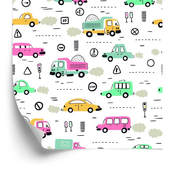 Behang Voor Kinderen - Kleurrijke Auto's In Scandinavische Stijl