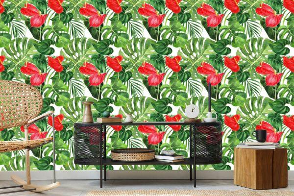 Behang Rode Bloemen Met Bladeren - Afbeelding 5