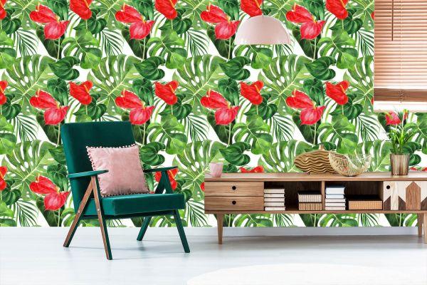 Behang Rode Bloemen Met Bladeren - Afbeelding 6