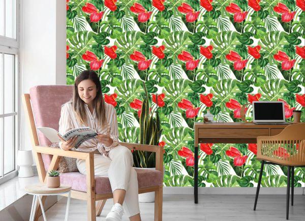 Behang Rode Bloemen Met Bladeren - Afbeelding 7