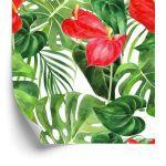 Behang Rode Bloemen Met Bladeren