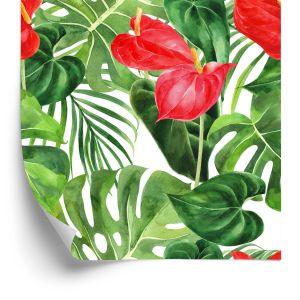 Behang Rode Bloemen Met Bladeren