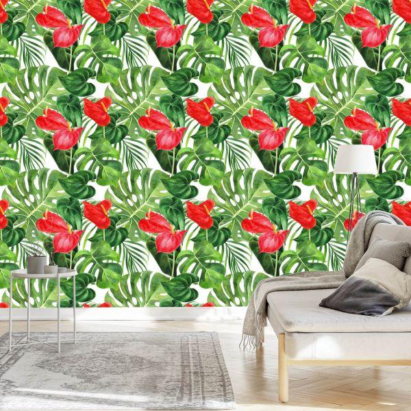 Behang Rode Bloemen Met Bladeren - Afbeelding 3