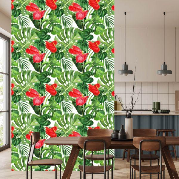Behang Rode Bloemen Met Bladeren - Afbeelding 4