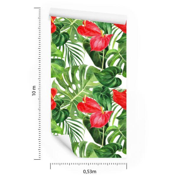 Behang Rode Bloemen Met Bladeren - Afbeelding 8